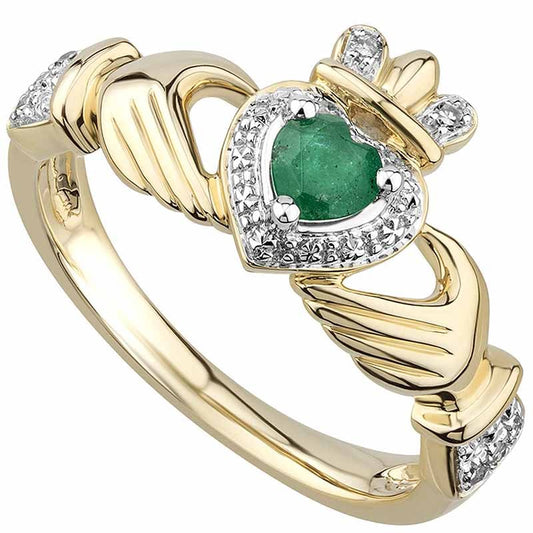 Irish Rings | 14k Gold Diamond and Emerald Ladies Claddagh Ring