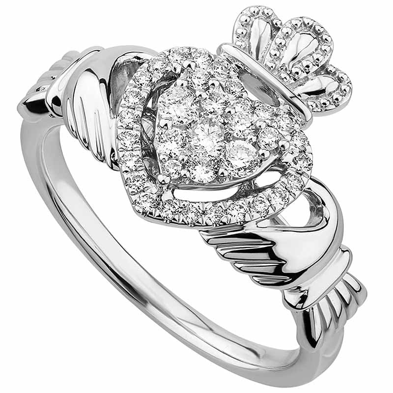 irish rings | 14k white gold diamond heart ladies claddagh ring