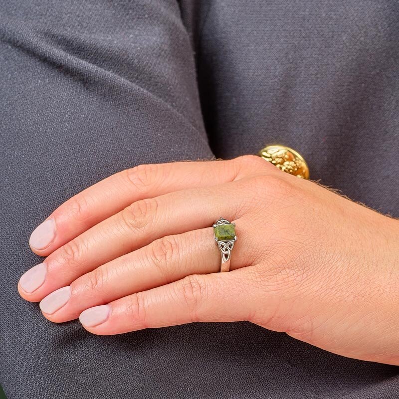 irish ring | sterling silver baguette ladies connemara marble trinity knot ring