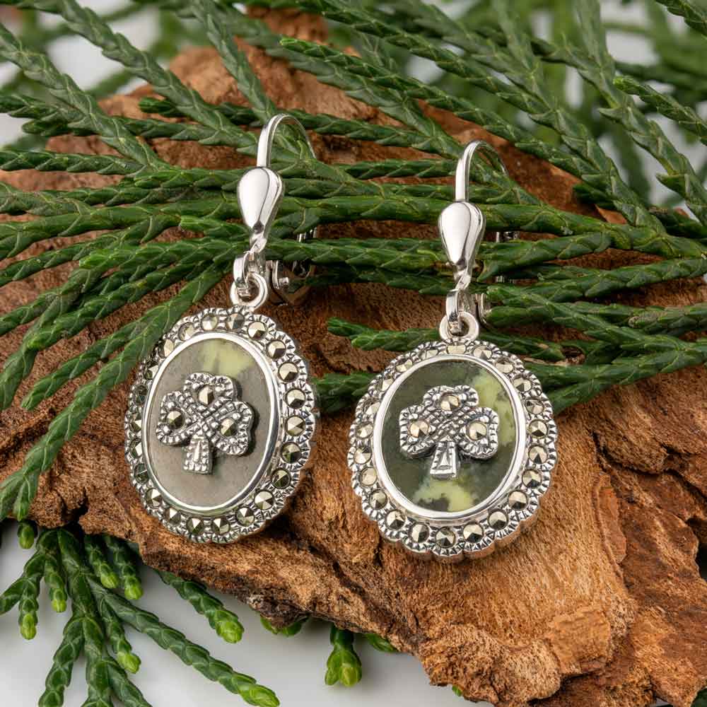 sterling silver marcasite shamrock marble earrings