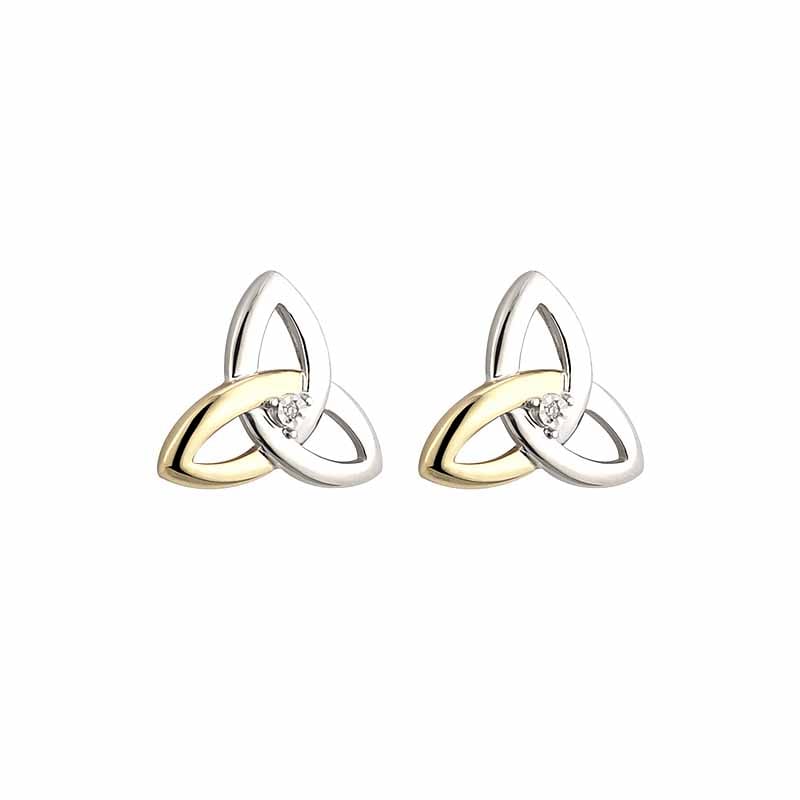 irish earrings | diamond sterling silver and 10k yellow gold stud celtic trinity knot earrings