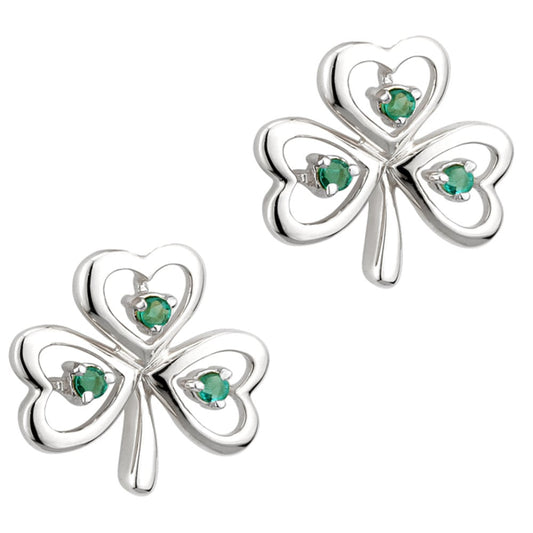 Irish Earrings | 14k White Gold Emerald Shamrock Stud Earrings