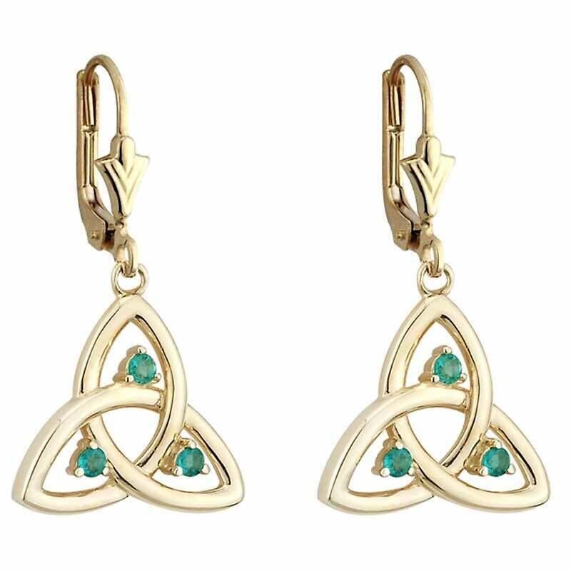 celtic earrings | 14k gold emerald trinity knot drop irish earrings