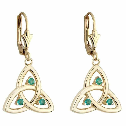 Celtic Earrings | 14k Gold Emerald Trinity Knot Drop Irish Earrings