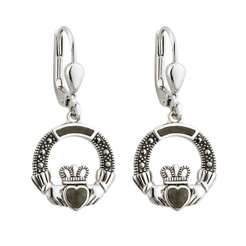 claddagh earrings - sterling silver marcasite & connemara marble claddagh drop earrings