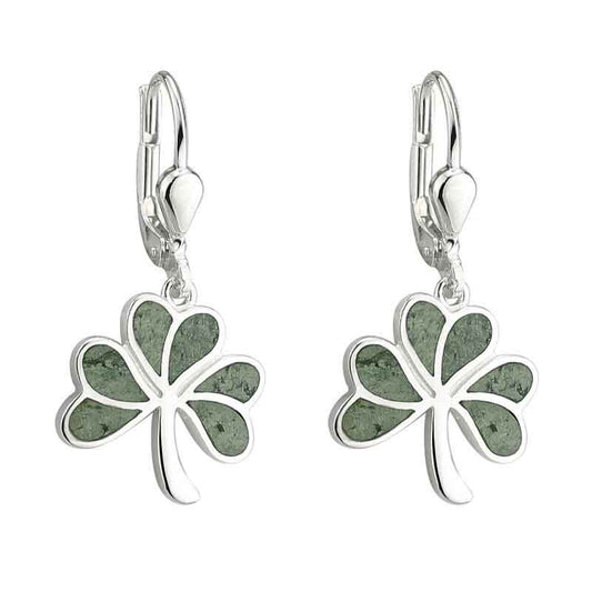 Shamrock Earrings - Sterling Silver Connemara Marble Shamrock Drop Earrings
