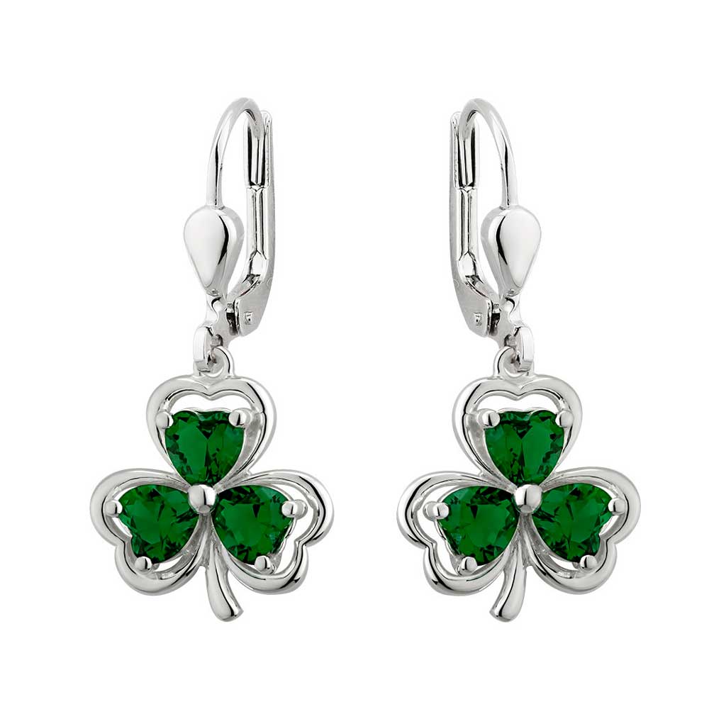 irish earrings | sterling silver green crystal drop shamrock earrings