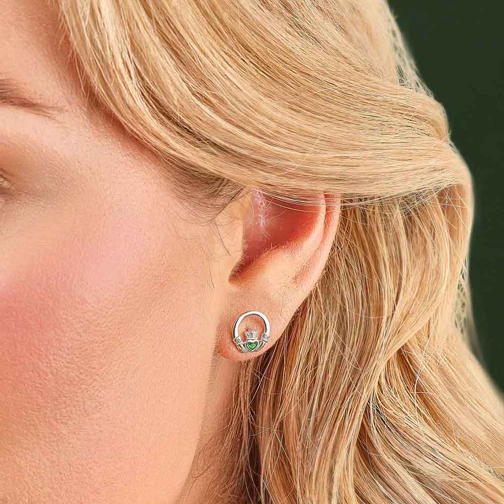 irish earrings - sterling silver green crystal stud claddagh earrings