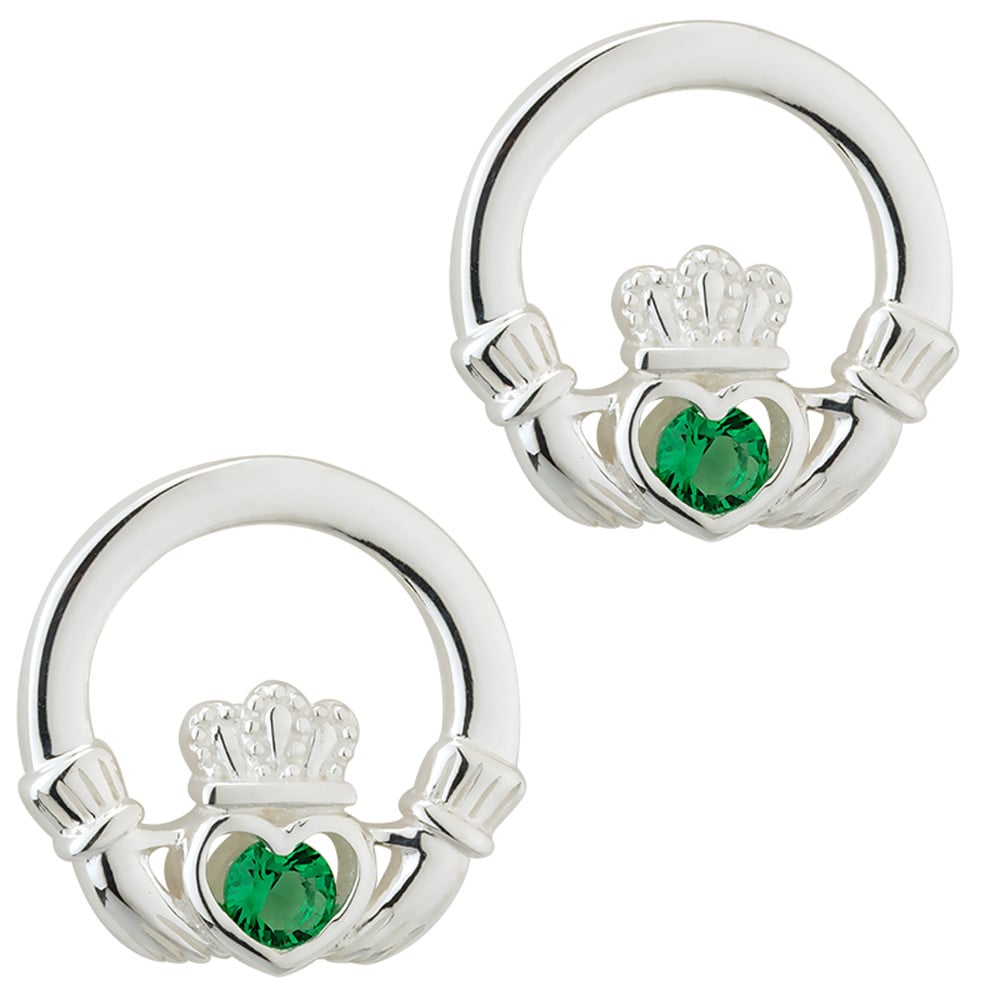 irish earrings - sterling silver green crystal stud claddagh earrings
