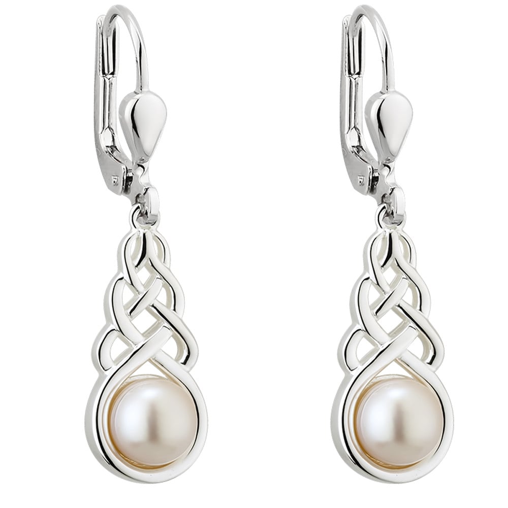 irish earrings - sterling silver pearl celtic knot drop earrings