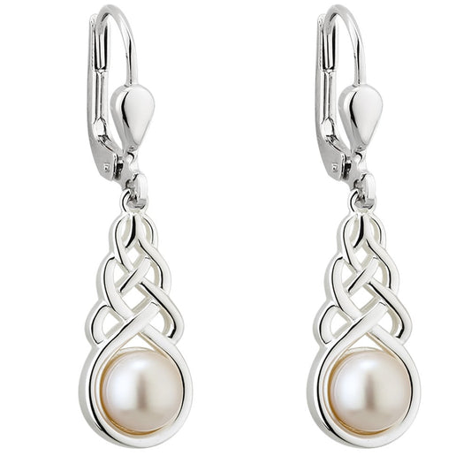 Irish Earrings - Sterling Silver Pearl Celtic Knot Drop Earrings