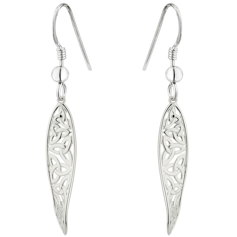 celtic earrings - sterling silver long irish trinity knot drop earrings