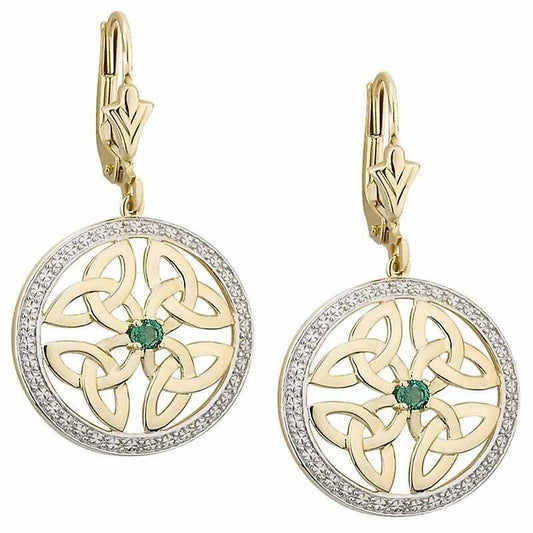 Irish Earrings | 14k Gold Emerald Trinity Knot Circle Celtic Earrings