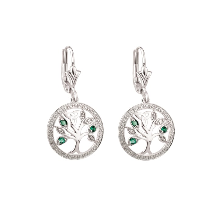 irish earrings | 14k white gold diamond & emerald celtic tree of life earrings