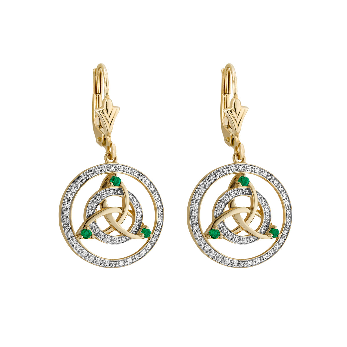 irish earrings | 14k gold diamond and emerald round drop celtic knot earrings