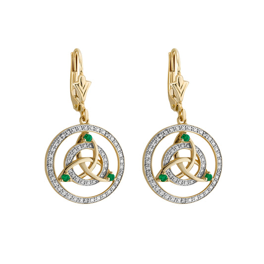 Irish Earrings | 14k Gold Diamond and Emerald Round Drop Celtic Knot Earrings