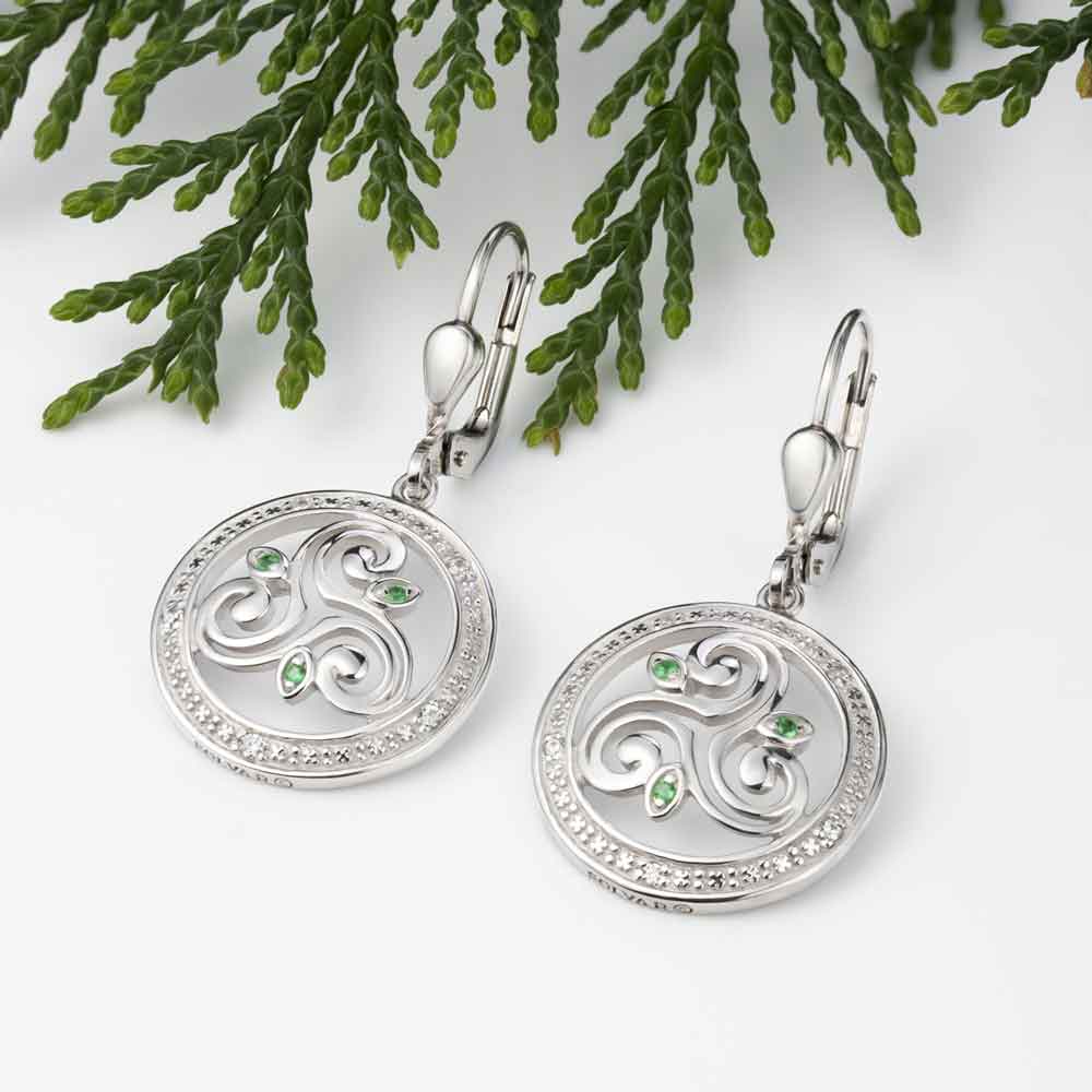 irish earrings | sterling silver crystal round drop celtic spiral triskele earrings