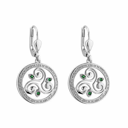 Irish Earrings | Sterling Silver Crystal Round Drop Celtic Spiral Triskele Earrings