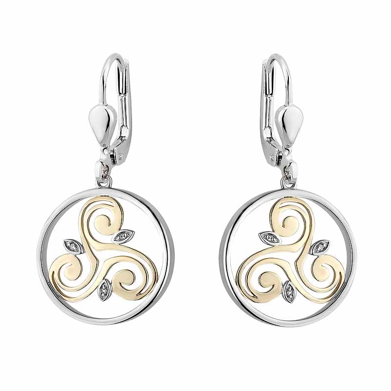 irish earrings | diamond sterling silver and 10k yellow gold round celtic spiral triskele earrings