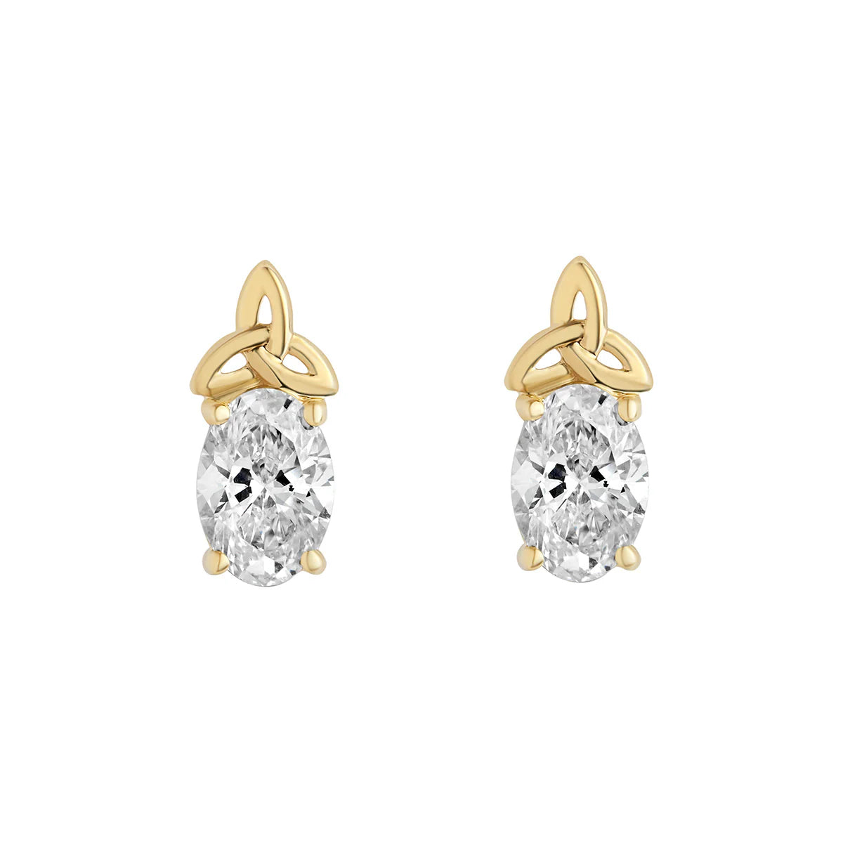 14k gold 2ct oval diamond celtic trinity knot earrings on a white background