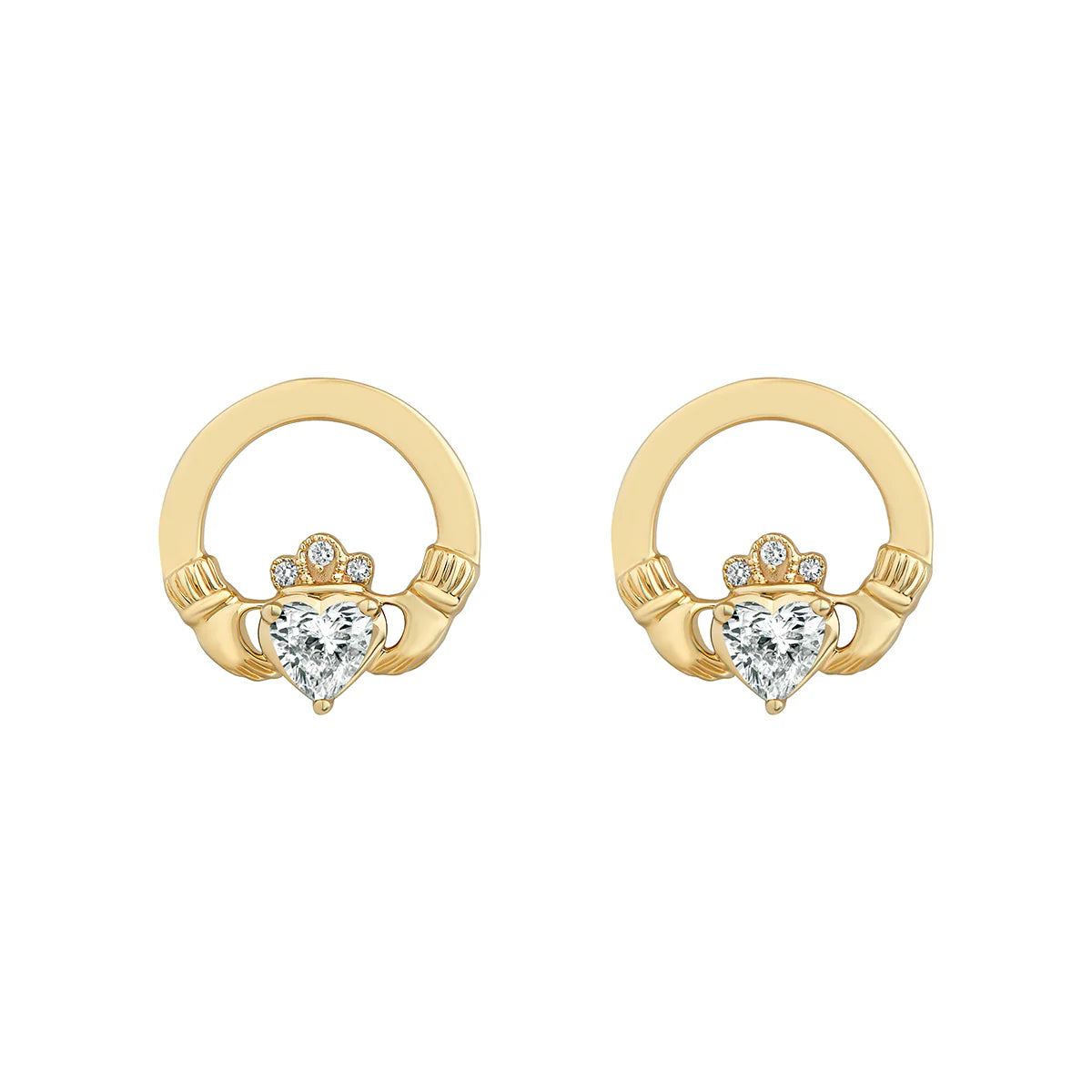 14k gold 0.5ct diamond heart claddagh earrings on a white background