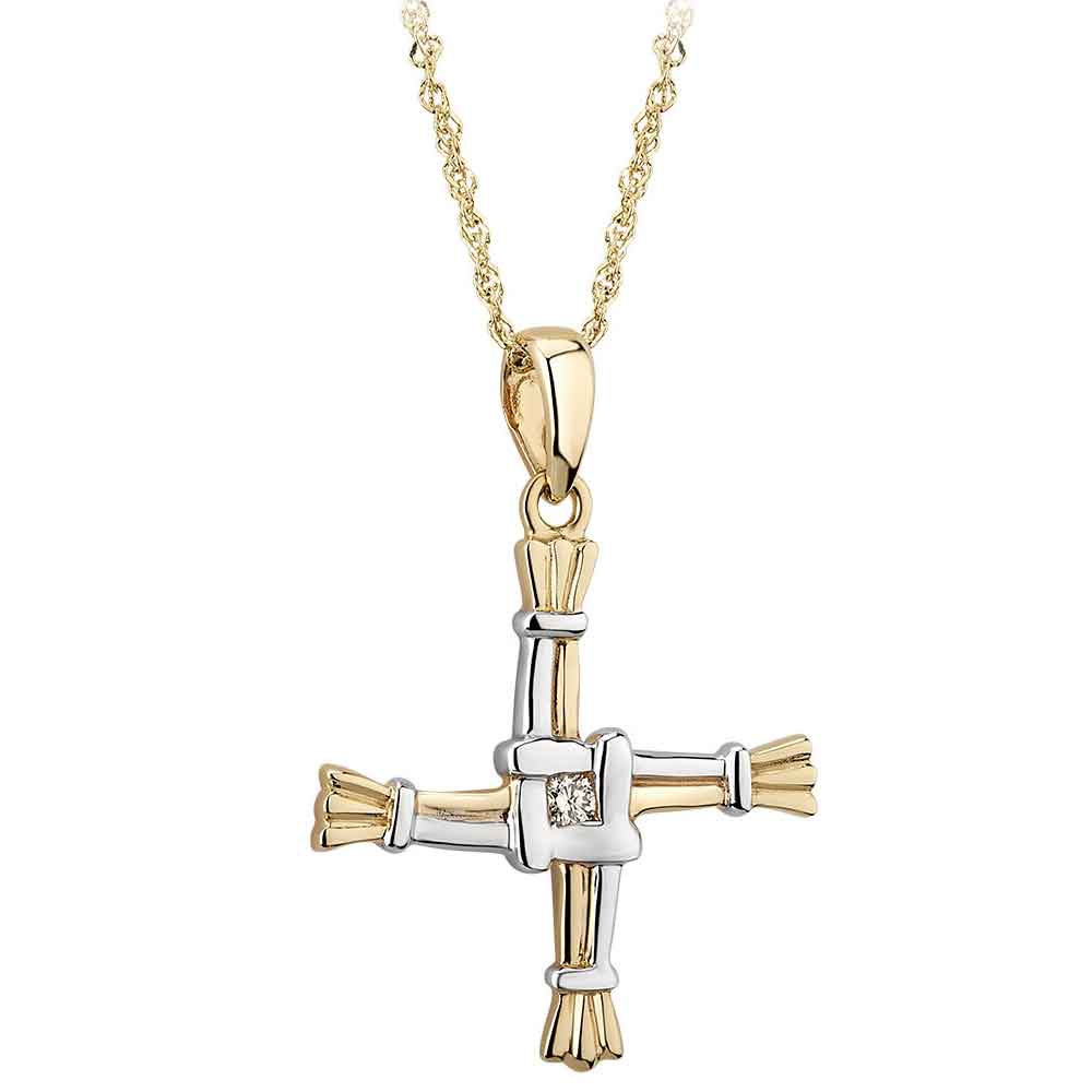 irish necklace - 14k two tone gold and diamond st. bridget's cross pendant with chain