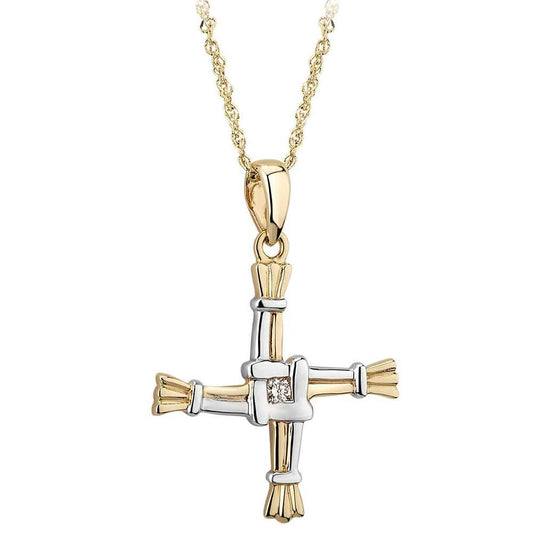 Irish Necklace - 14k Two Tone Gold and Diamond St. Bridget's Cross Pendant with Chain