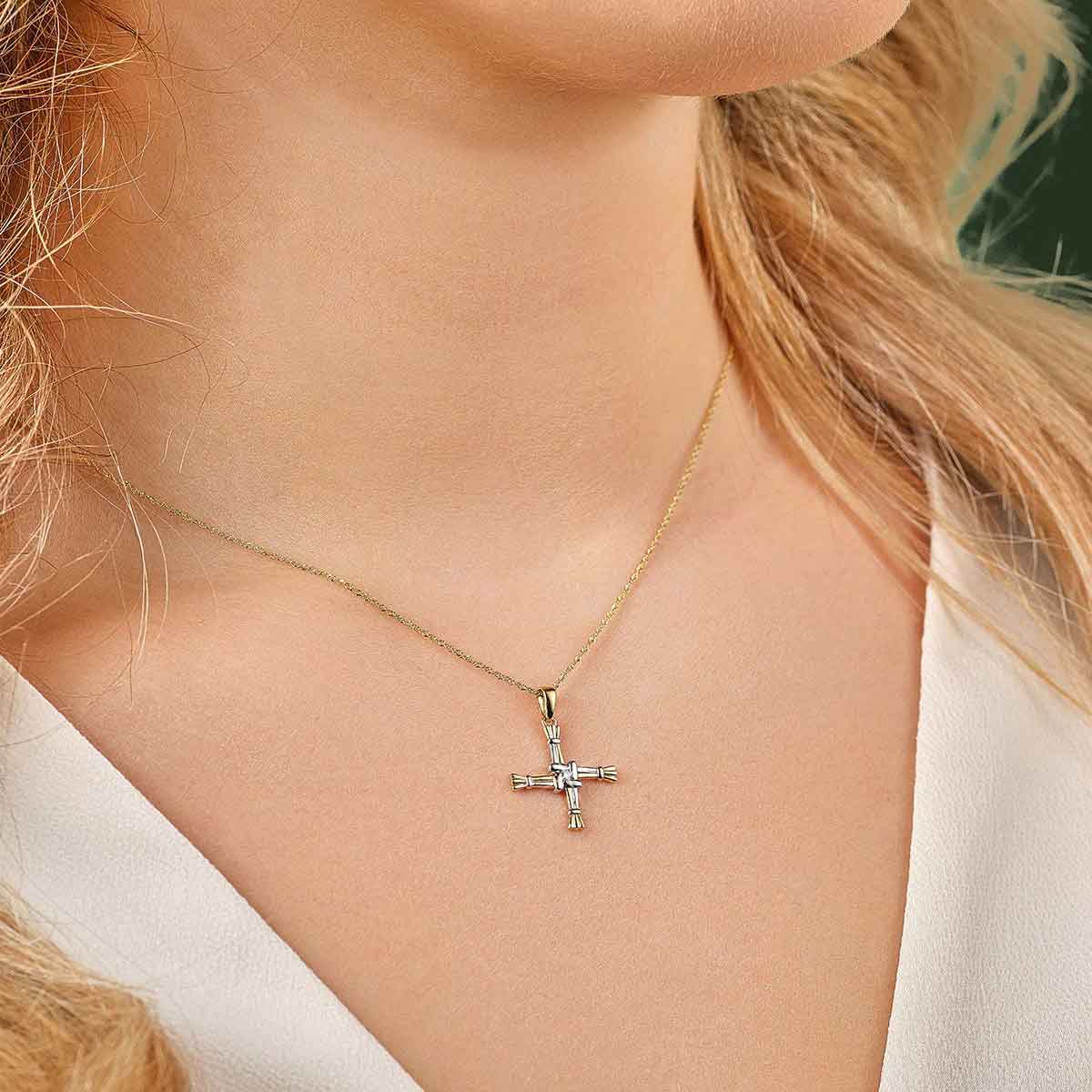 irish necklace - 14k two tone gold and diamond st. bridget's cross pendant with chain