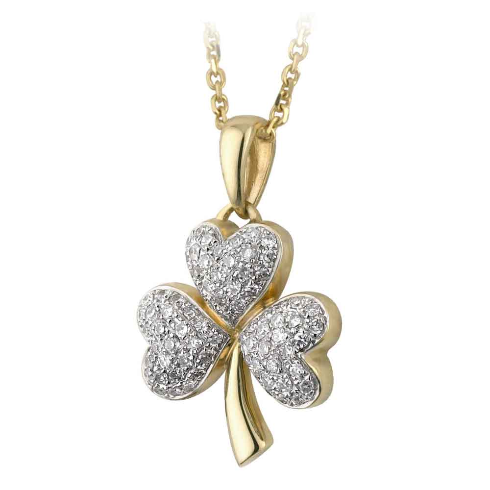 irish necklace - 14k gold and micro diamond shamrock pendant with chain