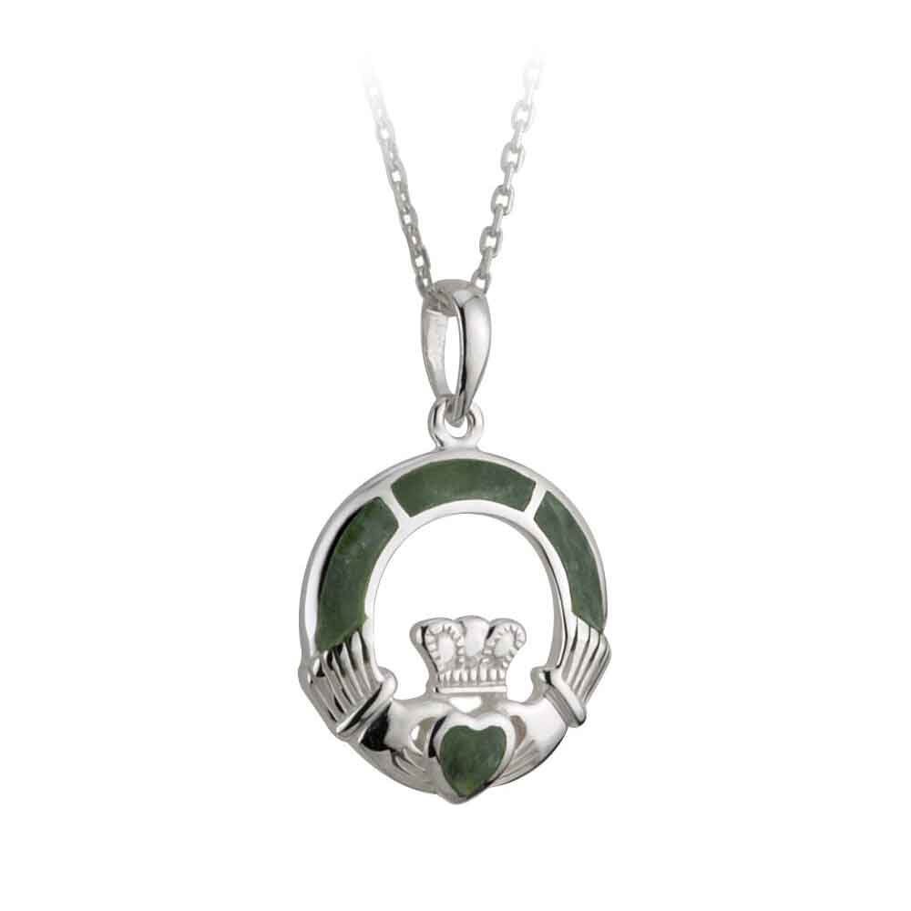 irish necklace - sterling silver and connemara marble claddagh pendant with chain