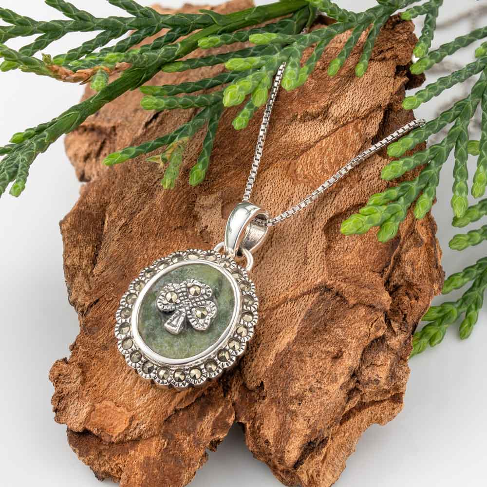 irish necklace - sterling silver marcasite shamrock marble pendant with chain