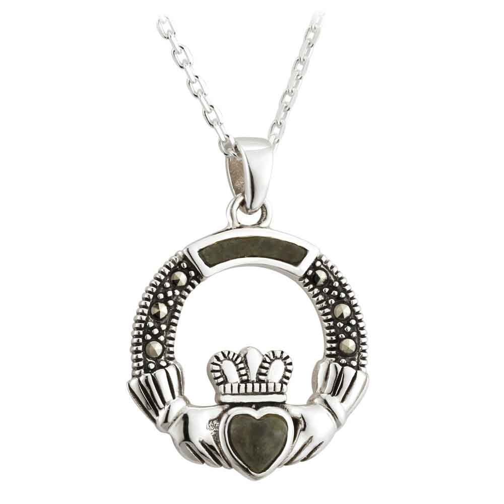 irish necklace - sterling silver connemara marble marcasite claddagh pendant