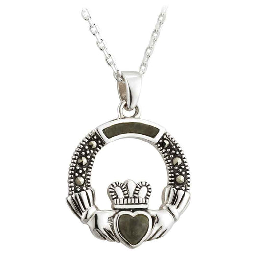 Irish Necklace - Sterling Silver Connemara Marble Marcasite Claddagh Pendant