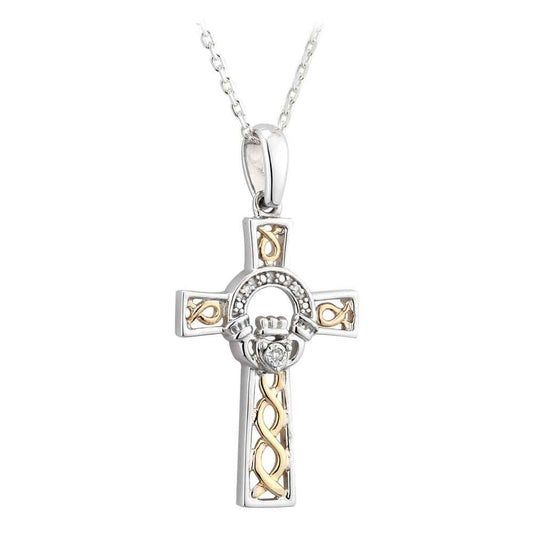 Claddagh Necklace - Silver, 10k Gold & Diamond Claddagh Cross Pendant