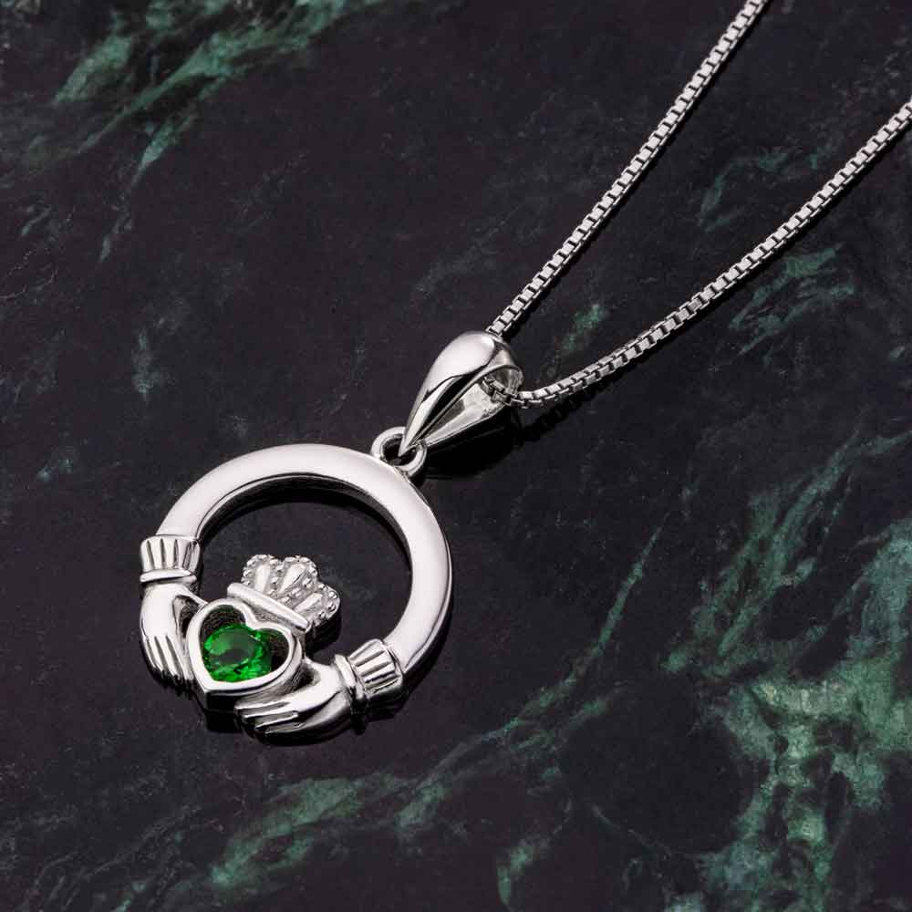 claddagh necklace - sterling silver green crystal irish pendant