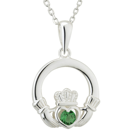 Claddagh Necklace - Sterling Silver Green Crystal Irish Pendant