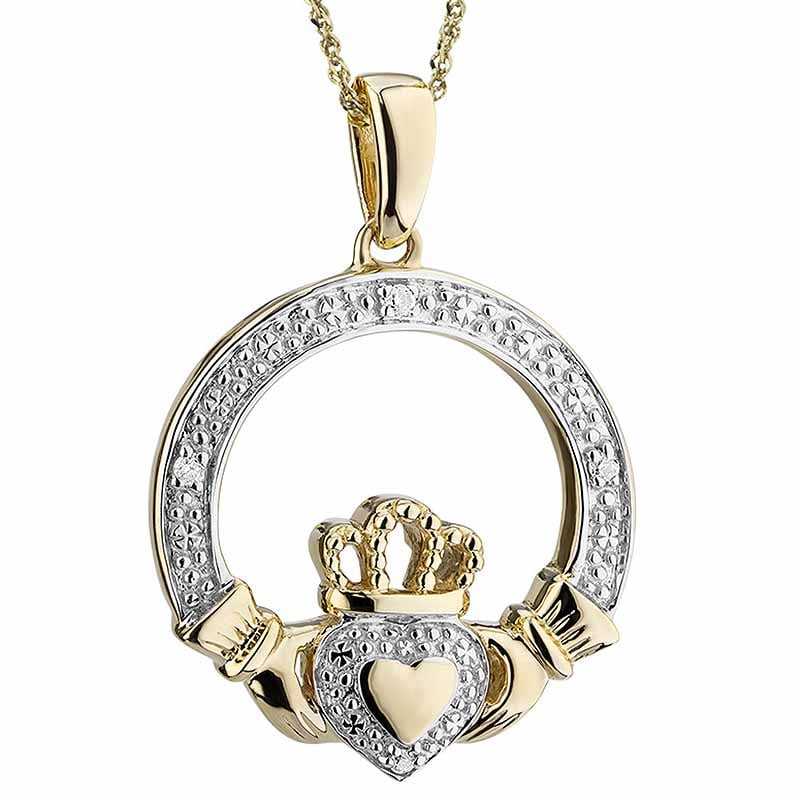 irish necklace | 14k gold heart diamond claddagh pendant