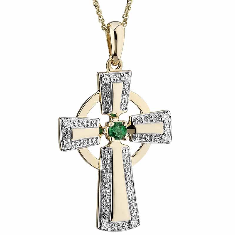 irish necklace | 14k yellow & white gold diamond emerald celtic cross pendant