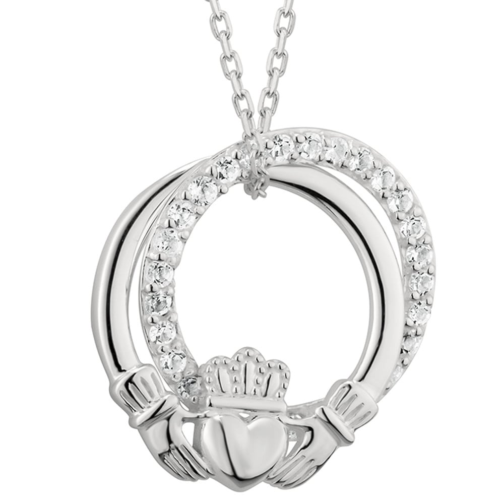irish necklace | sterling silver crystal circle claddagh pendant