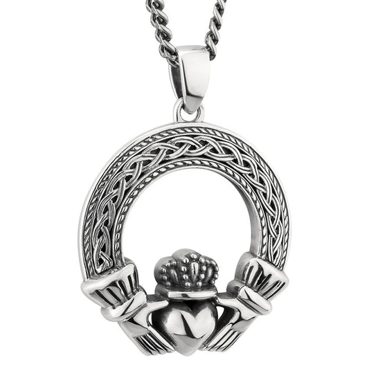 Mens Irish Jewelry | Sterling Silver Celtic Claddagh Pendant