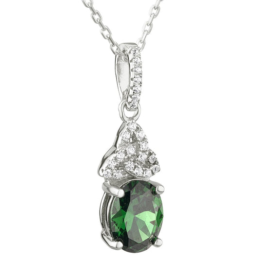 Irish Necklace | Sterling Silver Trinity Knot Green Crystal Celtic Pendant