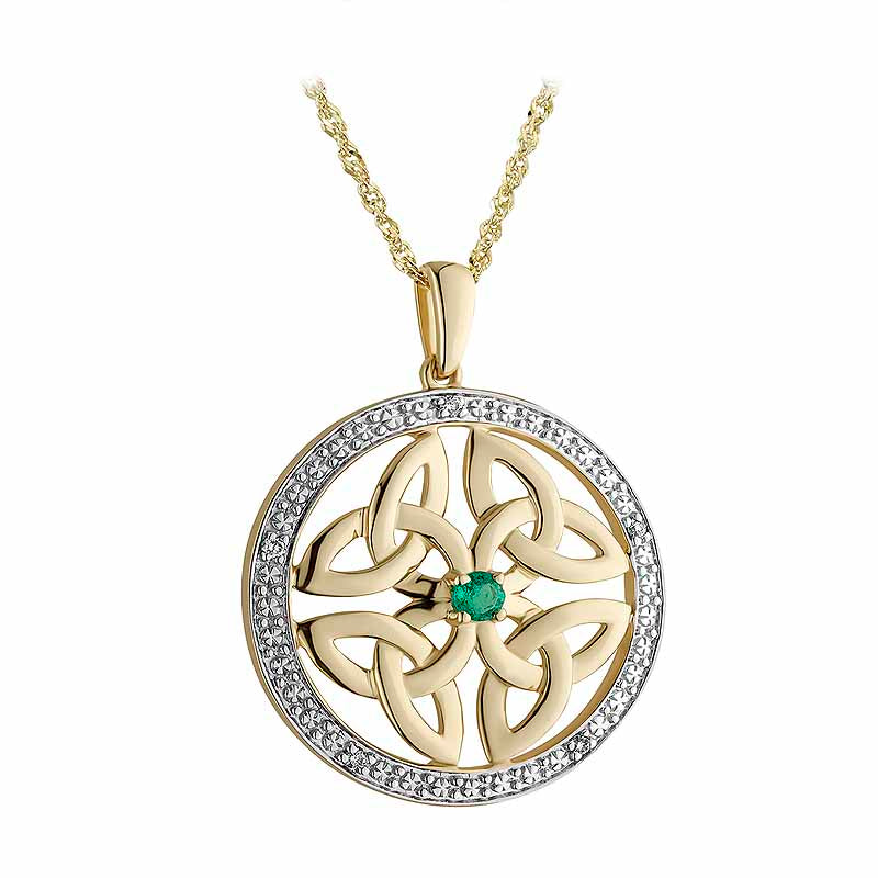 irish necklace | 14k gold diamond and emerald four celtic trinity knot pendant