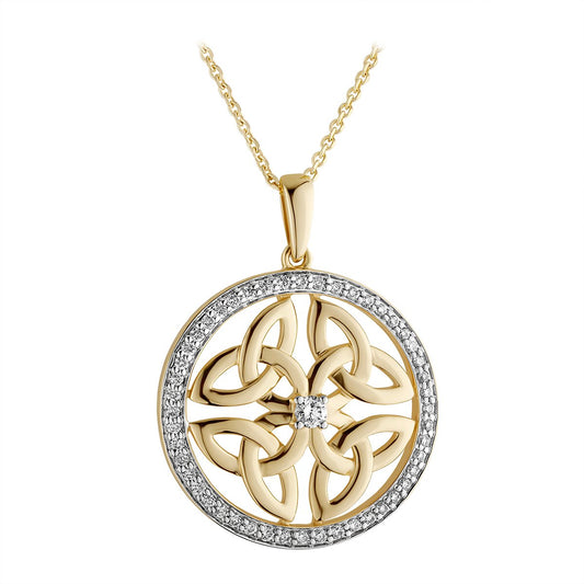Irish Necklace | 14k Gold Diamond Circle Four Celtic Trinity Knot Pendant