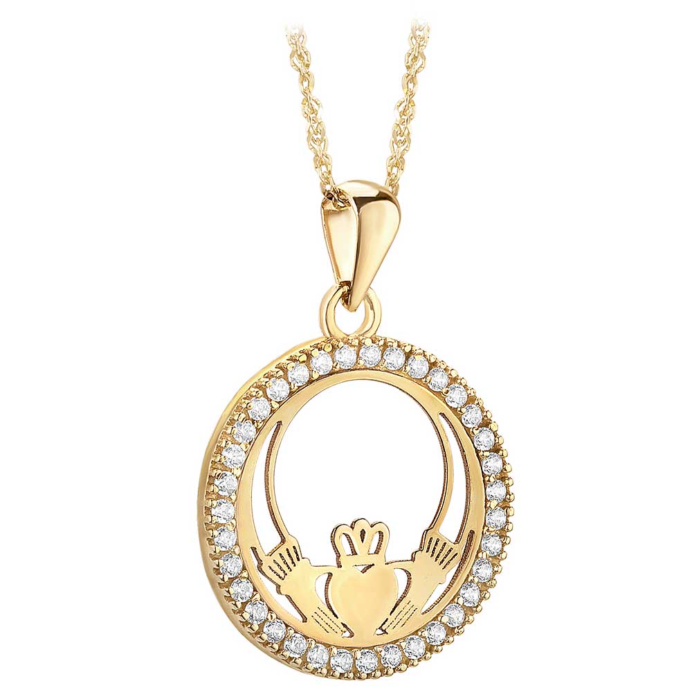 irish necklace | 10k yellow gold cz circle claddagh pendant