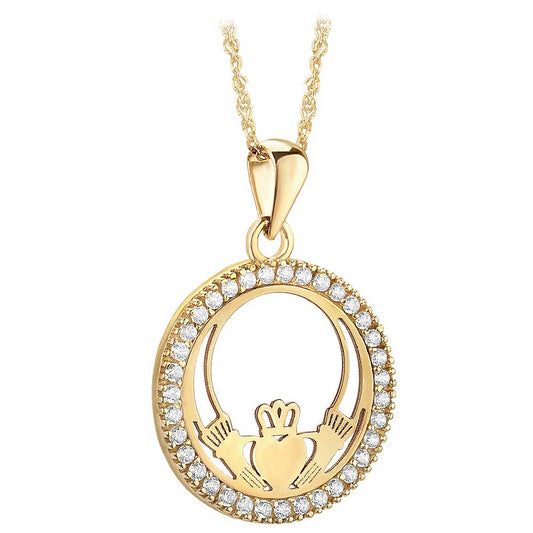 Irish Necklace | 10k Yellow Gold CZ Circle Claddagh Pendant