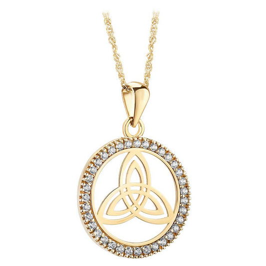 Irish Necklace | 10k Yellow Gold CZ Circle Trinity Knot Pendant