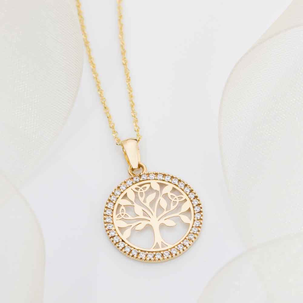 irish necklace | 10k yellow gold cz circle celtic tree of life pendant