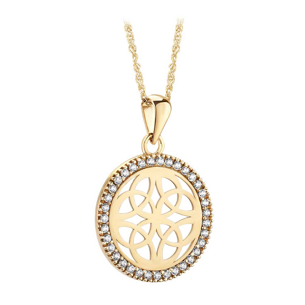 irish necklace | 10k yellow gold cz circle four trinity celtic knots pendant