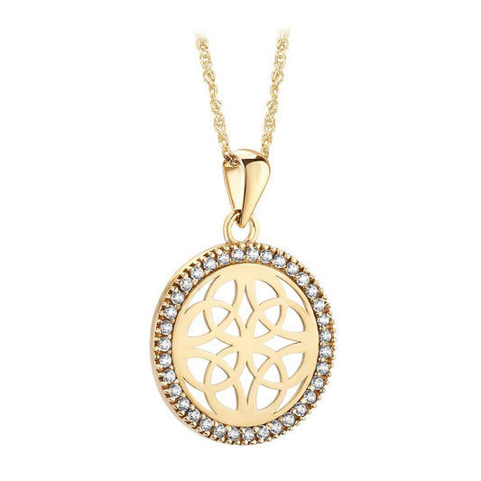 Irish Necklace | 10k Yellow Gold CZ Circle Four Trinity Celtic Knots Pendant