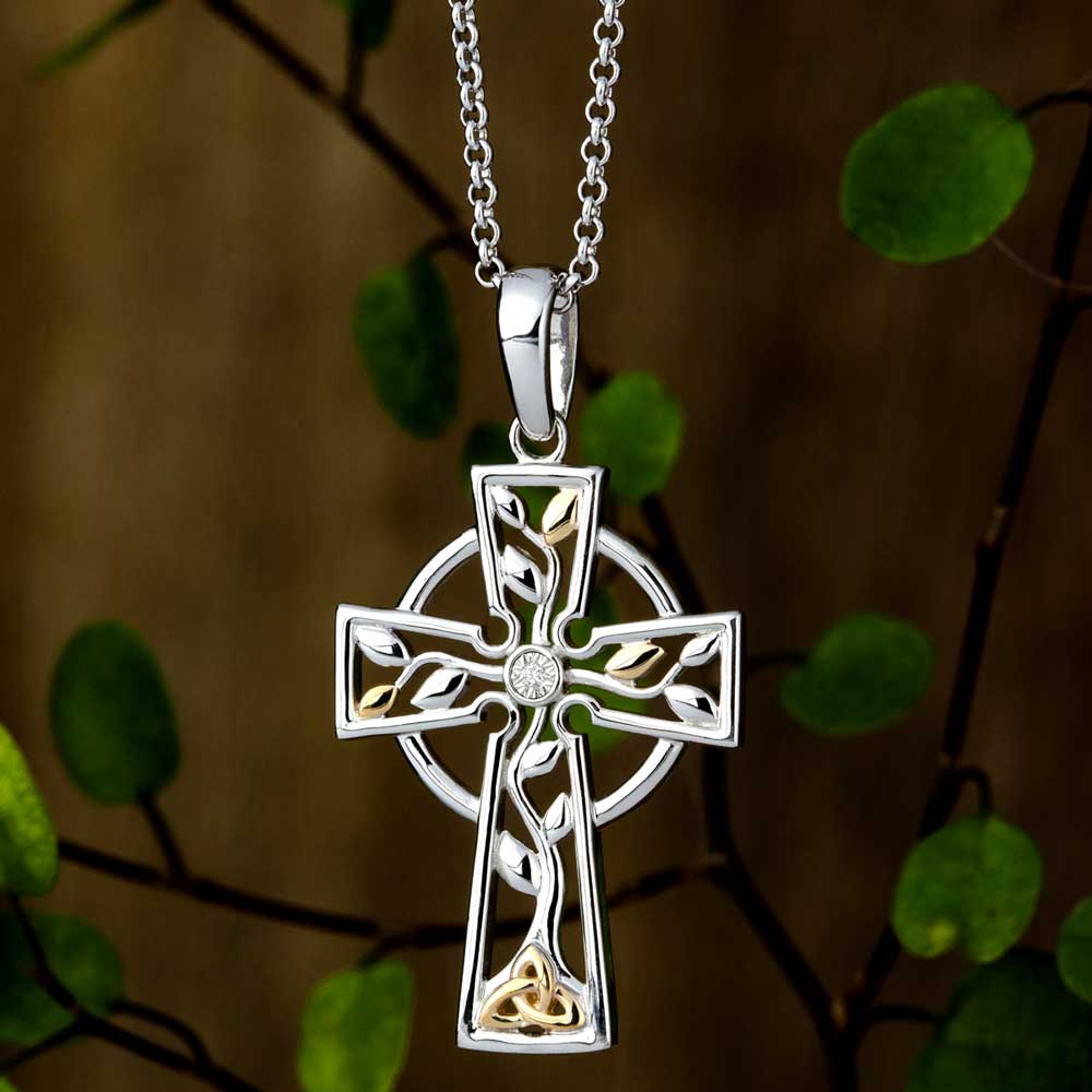 irish necklace | 10k gold & sterling silver diamond tree of life celtic cross